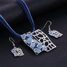 Colorful Leather Rope Chain Pendant Necklace Square Charm Vintage Women Enamel Choker Necklace Drop Earrings Jewelry Sets 2024 - buy cheap