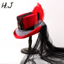 Sombrero de lana roja para mujer, sombrero de copa de estilo Steampunk de 4 tamaños, hecho a mano, Mad HatterMesh, tradicional, fiesta de Castor, boda, 13,5 CM 2024 - compra barato