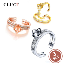 CLUCI 3pcs 925 Sterling Silver Pearl Ring Mounting Adjustable Rose Gold Zircon Ring for Women Silver 925 Flower Rings SR2228SB 2024 - buy cheap