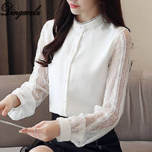 Dingaozlz  Blusa feminina 2018 New Fashion Women shirt Patchwork Lace Chiffon blouse Lantern sleeve OL lace Tops White shirt 2024 - buy cheap