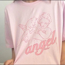 Camiseta feminina estampada estilo kawaii, estampa de anjo, folgada, tamanho grande, de algodão, rosa 2024 - compre barato