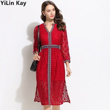 YiLin Kay High-end custom Designer Runway woman dress 2019 Spring V-neck Lace embroidered dress Vestidos 2024 - buy cheap