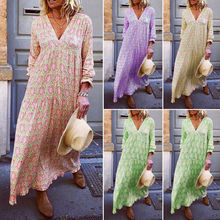 Womens V Neck Boho Floral Long Sleeve Summer Beach Evening Beach Maxi Dress 2024 - buy cheap