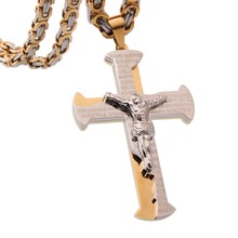 Christian Stainless Steel Silver Color&Gold Jesus Cross Crucifix Biker Jewelry Mens Pendant Necklace Byzantine Flat Chain 22"6mm 2024 - buy cheap