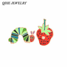 QIHE JEWELRY Caterpillars and Strawberry Cartoon pins Fruit brooches Enamel pins Lapel pins Couple jewelry 2024 - buy cheap