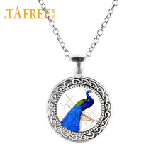 TAFREE The Blue Peacock Necklace Swan, Penguin,Feather Art Picture Glass Dome Necklace Beauty And Emblem Of Fortune Jewelry TB76 2024 - buy cheap