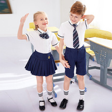 Uniforme escolar infantil de verão, roupas de jardim de infância, estilo britânico, roupas de coro com manga curta, 3 peças, camisa, saia, gravata 2024 - compre barato