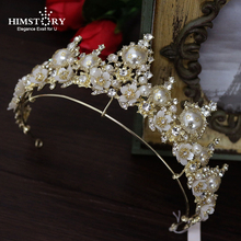 Retro European Baroque Faux Pearls Brides Tiaras Crowns Gold Flowers Headpieces Crystal Wedding Dresses Hair Accessories 2024 - buy cheap