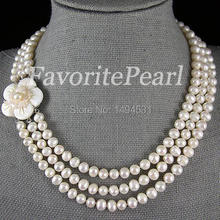 Pearl Necklace - Triple- Row 7-8mm White Color Freshwater Pearl Necklace Shell Flower Clasp - Handmade Jewelry - Free Shipping 2024 - buy cheap