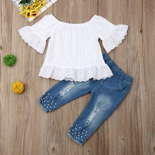 Летняя одежда Pudcoco для маленьких девочек, однотонные топы с открытыми плечами и оборками, джинсовые брюки, 2 шт., наряды, летняя повседневная одежда 2024 - купить недорого