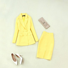 Женский комплект, новый модный двубортный женский желтый длинный костюм с длинным рукавом + сумка, юбка с высокой талией, деловой костюм 2024 - купить недорого