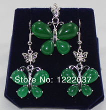 Красивый натуральный зеленый нефрит серебро бабочка кулон ожерелье серьги набор 2024 - купить недорого