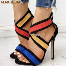 ALMUDENA Red Yellow Blue Suede Colorized Sandals Cross Strappy Cage Shoes Thin Heel Patchwork Dress Pumps Hollow-out Party Shoes 2024 - buy cheap