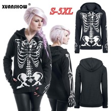 XUANSHOW 2018 Autumn Winter Women's Hooded Sweatshirt Long Sleeve Skeleton Skull Printed Fleece Female Zip Up Jackets XXXXXL 2024 - buy cheap