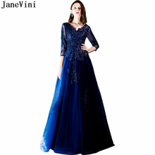 JaneVini Vintage Navy Blue Long Bridesmaid Dresses V Neck Lace Appliques Backless Floor Length A Line Sparkle Sequins Prom Gowns 2024 - buy cheap