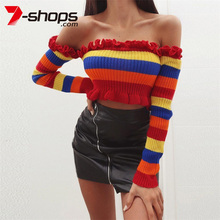 AECU Радужный женский свитер с открытыми плечами, укороченный топ, женский свитер, сексуальный пуловер, женский джемпер Kazak, весенний пуловер, уличная одежда 2024 - купить недорого