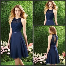 A-Line Halter Chiffon Dark Navy Color Bridesmaid Dress WIth Lace Top Sleeveless Short Prom Dress For Wedding Party Evening 2024 - buy cheap