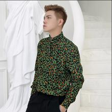 M-3xl Men's Long-sleeved Shirts Korean Version Of The Trend Of Youth Slim Stand Collar Tie Comfortable Green Leopard Shirt Tide 2024 - buy cheap