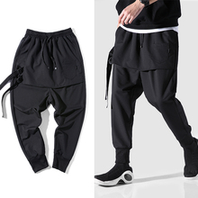 Новый Diablo стиль индивидуальность боковые ленты мужские брюки для бега хип-хоп осень обычная, высокая, на выход мужские брюки крест-накрест уличная 2024 - купить недорого