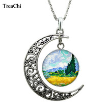 Van Gogh Country Star Art Pendant Glass Cabochon Crescent Moon Clavicle Necklace Silver Plated Jewelry Birthday Valentines Gift 2024 - buy cheap