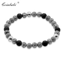Bracelets Silver Beads And Obsidian 925 Sterling Silver For Men Trendy Gift Europe Style Heart Rebel  Masculine Bracelets 2024 - buy cheap