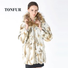 New Arrival Genuine Rabbit Fur Long coat with luxury raccoon fur collar fashion warm thick nature fur coat DNT141 2024 - buy cheap