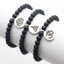 Cute Bear Brand Black Frosted Stone Men Bracelet Silver Color Metal Small Pendant OM Lotus Buddha Beaded Bracelets Men Jewelry 2024 - buy cheap