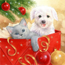 Tarjeta de Navidad con icono de perro y gato, pintura de diamante 5d artesanal, conjunto de mosaico cuadrado 3d completo de diamantes, punto de cruz para decoración del hogar 2024 - compra barato