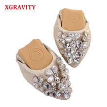 XGRAVITY-bailarinas planas con cristales y flores para mujer, zapatos planos femeninos con diamantes de imitación, con diseño de flores y punta en pico, mocasines dorados C287, 2021 2024 - compra barato