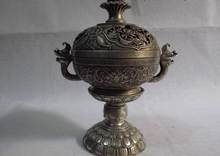 Chinese pure bronze silver-gilt foo dog fish lotus flower censer incense burner 2024 - buy cheap