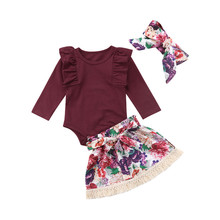 Hot Selling Spring Autumn Kids Baby Girls Ruffles T-Shirt Tops Bodysuit Floral Mini Skirts Headband 3pcs Outfits Set 0-24M 2024 - buy cheap