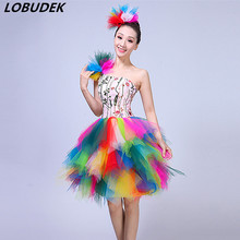 Women Modern Dance Costume Colorful Embroidery Sleeveless Short Dress Celebration Dance Team Open Dancing Performance Stage Wear 2024 - buy cheap