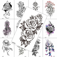 Временные татуировки в виде линий, черный цветок, роза, Реалистичная наклейка, водонепроницаемая татуировка для женщин, девушек, боди-арт, грудь, тату 2024 - купить недорого
