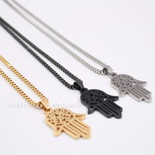  black Stainless Steel Fashion Hamsa Hand of Love Wisdom Forgiveness Pendant Box chain necklace 2.4mm 24 inch 2024 - buy cheap