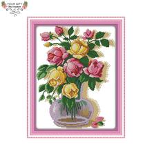 Joy Sunday Pink Yellow Roses Home Decoration H378 14CT 11CT Stamped Counted Dual Color Rose Flowers Embroidery Cross Stitch kits 2024 - buy cheap