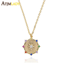 2021 High Quality Colorful Round Cz Star Signet Coin Pendant Necklace Gold Filled Rainbow Engraved Modern Simple Necklace Jewels 2024 - buy cheap