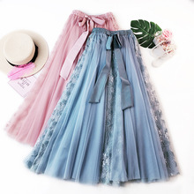 Elegant lace patchwork pleated tulle skirt women long ball gown korean skirts womens 2022 spring summer 2024 - buy cheap