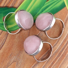 Anillo de compromiso ajustable con forma ovalada, 100-Cuarzo Rosa Natural, plateado, piedra de compromiso 2024 - compra barato