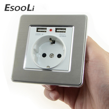 EsooLi Wall Socket Power 16A EU Standard Outlet With 2A Dual USB Charger Port for Mobile Phone Stainless Steel  USB Socket Power 2024 - buy cheap