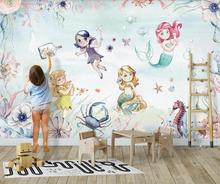 Papel de parede mural personalizado 3d, mundo do mar, pintado à mão, fada sereia, meninas, quarto de criança, fundo parede 2024 - compre barato