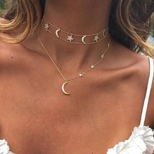 2022 New Cz Moon Star Charm Necklace Gold Rose Silver Color Choker Double Chain Delicate Sparking Cz Moon Star Pendant Necklace 2024 - buy cheap