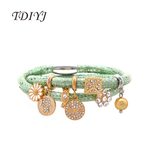 TDIYJ 40CM Green Double Loop Sheepskin Leather Bracelet with Stainless Steel Magnetic Clasp with 7Pcs Gold Story Charms 1Set 2024 - buy cheap