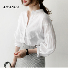Blusa de lino con manga de murciélago para mujer, camisa con cuello levantado, estilo coreano, de talla grande, 2019 2024 - compra barato