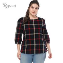 Romacci Fashion Women Ladies Blouse Plaid Print O Neck 3/4 Sleeve 5XL Plus Size Shirts Casual Loose Vintage Shirt Tops Female 2024 - buy cheap
