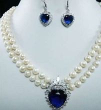 Free shipping New style Natural noble jewelry>>>>7-8mm White Pearl Blue Crystal Pendant Necklace+Earring DS+E+W+E+A+6+C+F 2024 - buy cheap