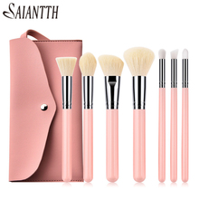 7pcs pink wooden handle high quality beige wool makeup brushes set goat hair pincel maquiagem profissional completa with bag 2024 - buy cheap