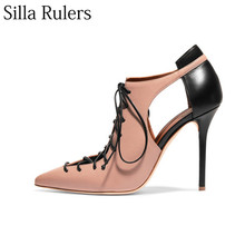 Silla Rulers Sexy leather cross lace up pointed toe high heel pumps women rome thin heel lady sandals Hollow out Single shoes 2024 - buy cheap
