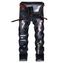 Straight hole personality men's trousers Casual Ripped Jeans Pants Slim Fit Black Denim Trousers Male Distressed Destroyed Jeans 2024 - buy cheap