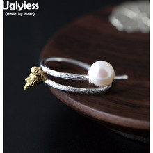Uglyless 100% real sólido 925 prata esterlina pássaro personalizado anéis para mulheres pérola natural aberto anéis exagerados jóias selvagens 2024 - compre barato