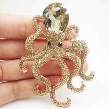 Gold Tone Unique Brown Octopus Pendant Brooch Pins Rhinestone Crystal Animal Very beautiful unique girl 2024 - buy cheap